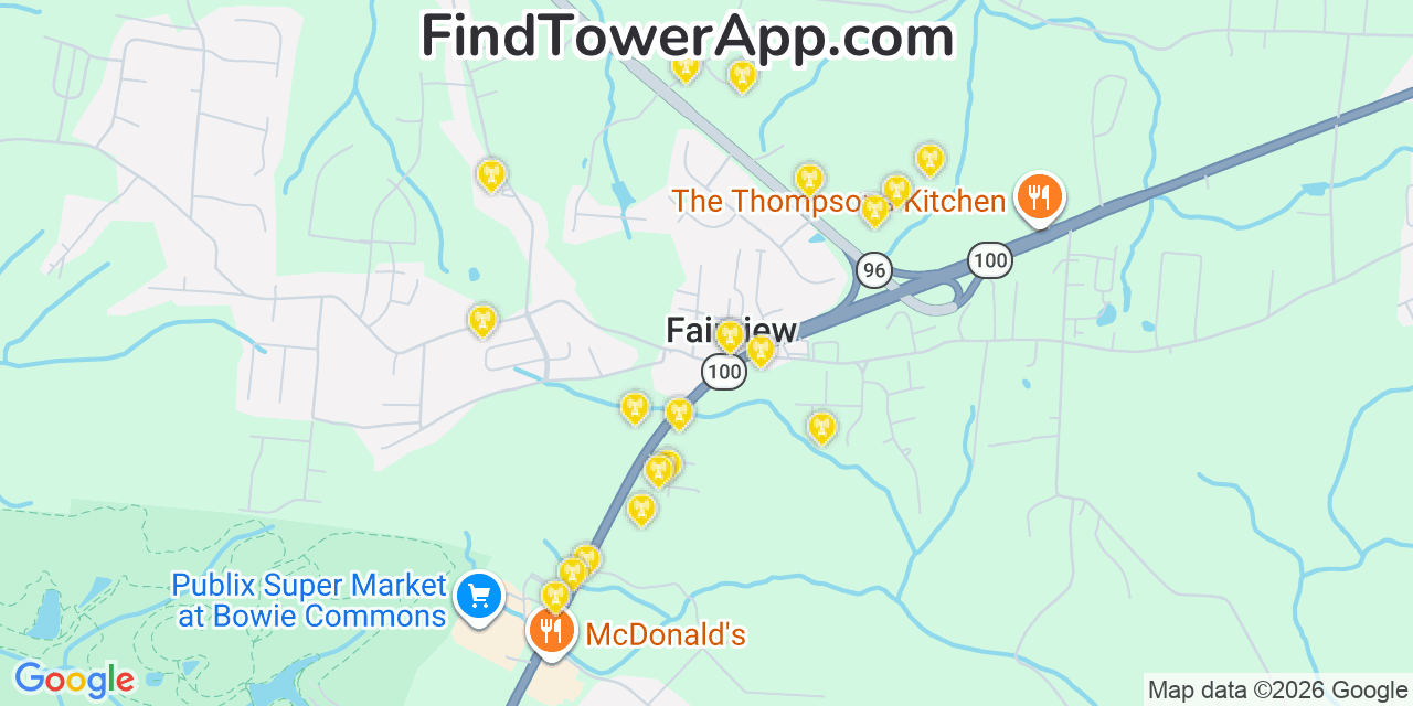 Map showing the 20 primary cell tower locations detected in Fairview, Tennessee from AT&T, Verizon, and T-Mobile networks