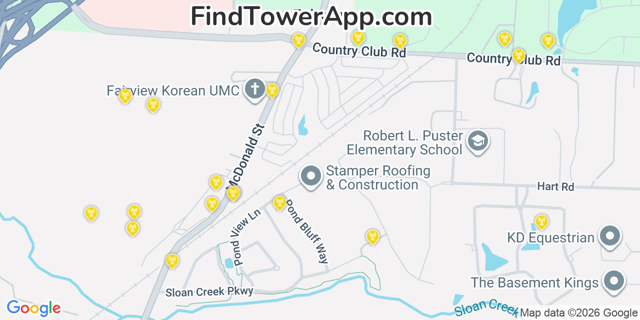 Map showing the 20 primary cell tower locations detected in Fairview, Texas from AT&T, Verizon, and T-Mobile networks