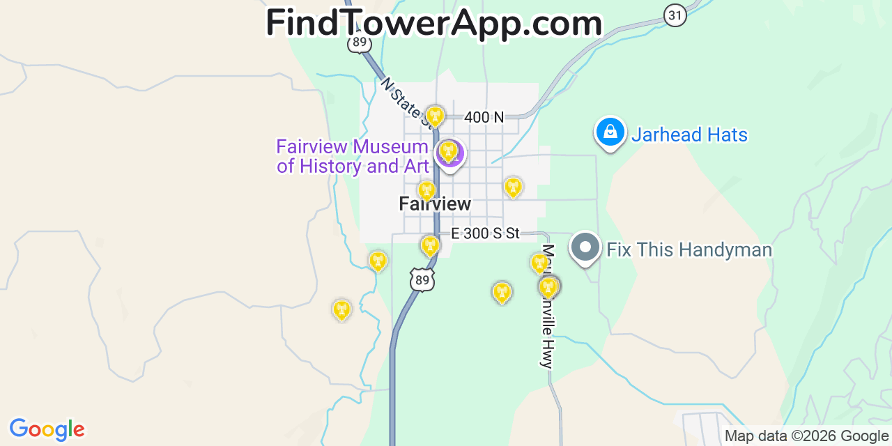 Map showing the 20 primary cell tower locations detected in Fairview, Utah from AT&T, Verizon, and T-Mobile networks