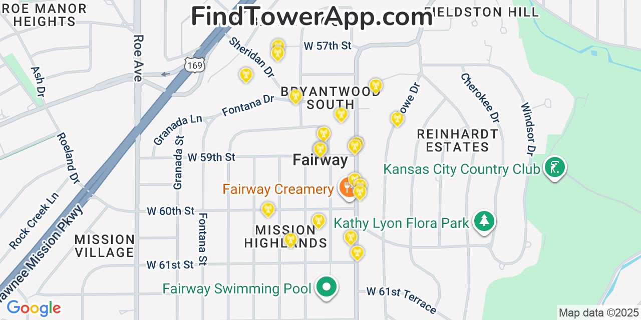 Map showing the 20 primary cell tower locations detected in Fairway, Kansas from AT&T, Verizon, and T-Mobile networks