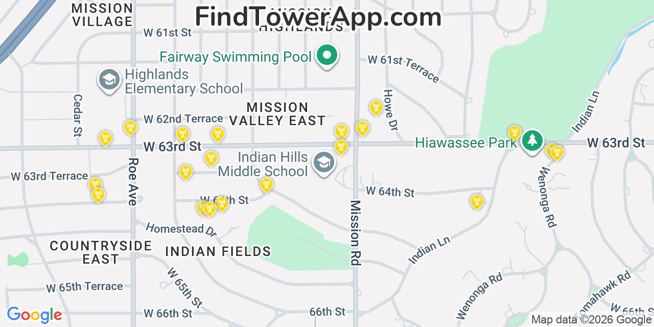 Map showing the 20 primary cell tower locations detected in Fairway, Kansas from AT&T, Verizon, and T-Mobile networks