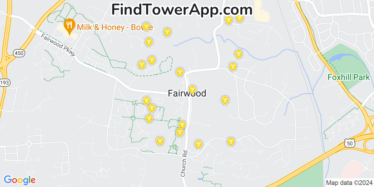 AT&T 4G/5G cell tower coverage map Fairwood, Maryland