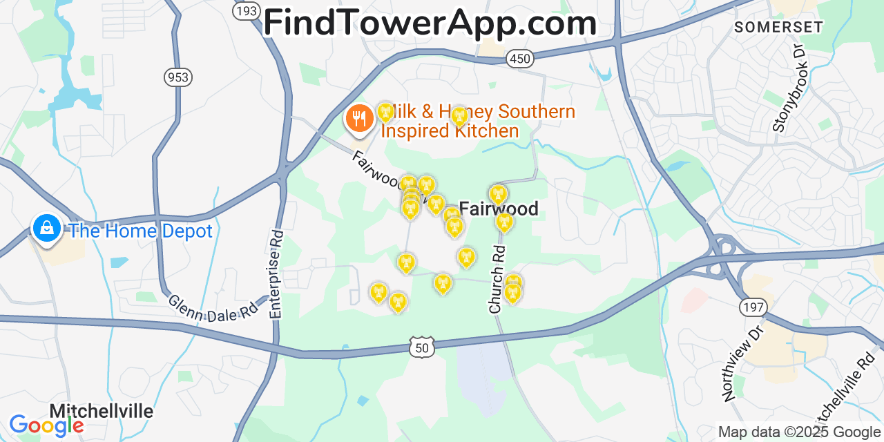 Map showing the 20 primary cell tower locations detected in Fairwood, Maryland from AT&T, Verizon, and T-Mobile networks