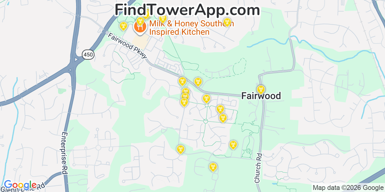 Map showing the 20 primary cell tower locations detected in Fairwood, Maryland from AT&T, Verizon, and T-Mobile networks