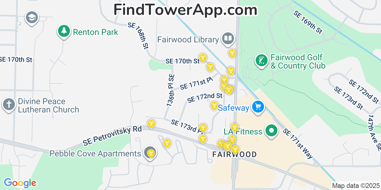 Map showing the 20 primary cell tower locations detected in Fairwood, Washington from AT&T, Verizon, and T-Mobile networks