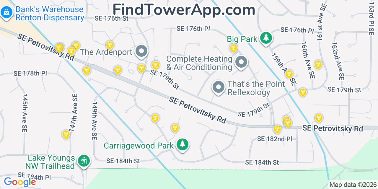 Map showing the 20 primary cell tower locations detected in Fairwood, Washington from AT&T, Verizon, and T-Mobile networks