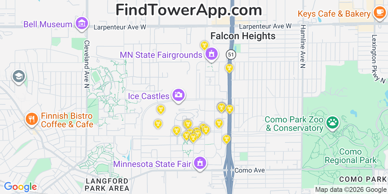 Map showing the 20 primary cell tower locations detected in Falcon Heights, Minnesota from AT&T, Verizon, and T-Mobile networks