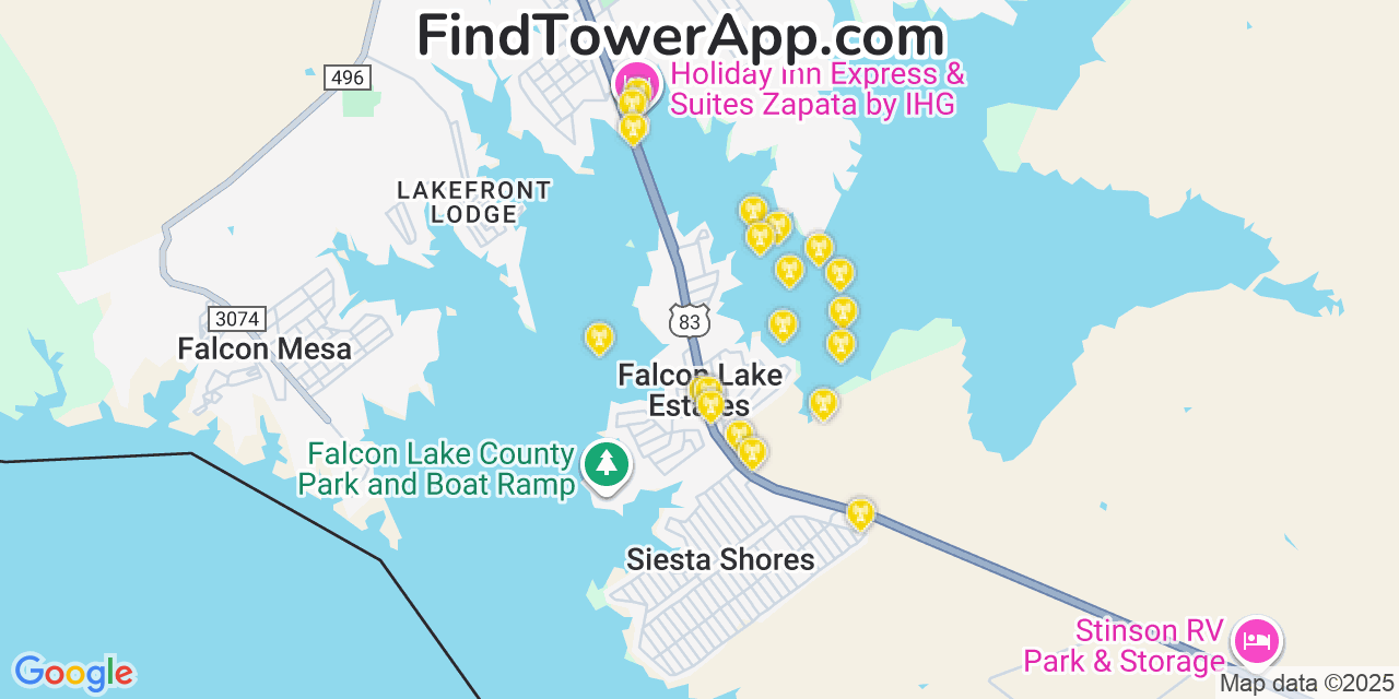 Map showing the 20 primary cell tower locations detected in Falcon Lake Estates, Texas from AT&T, Verizon, and T-Mobile networks