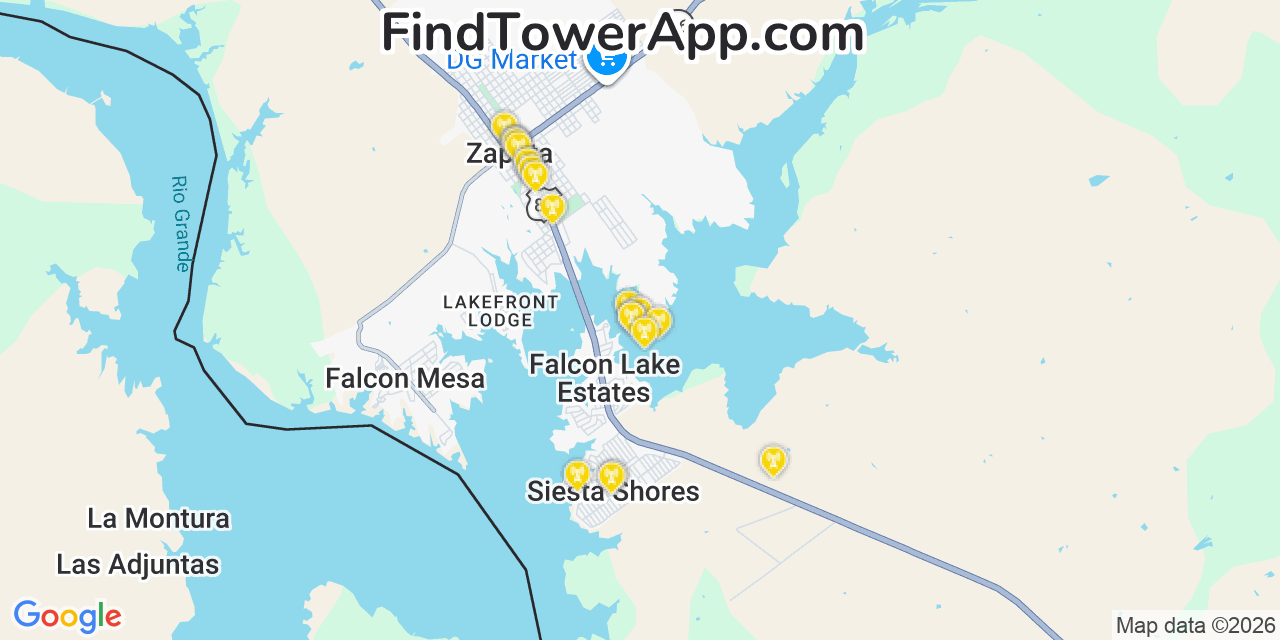 Map showing the 20 primary cell tower locations detected in Falcon Lake Estates, Texas from AT&T, Verizon, and T-Mobile networks