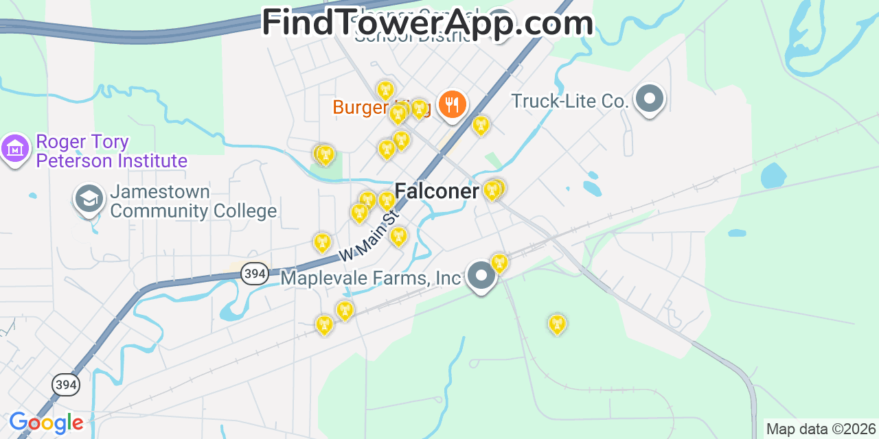 Map showing the 20 primary cell tower locations detected in Falconer, New York from AT&T, Verizon, and T-Mobile networks