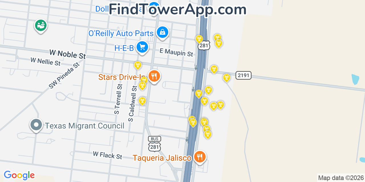 Map showing the 20 primary cell tower locations detected in Falfurrias, Texas from AT&T, Verizon, and T-Mobile networks