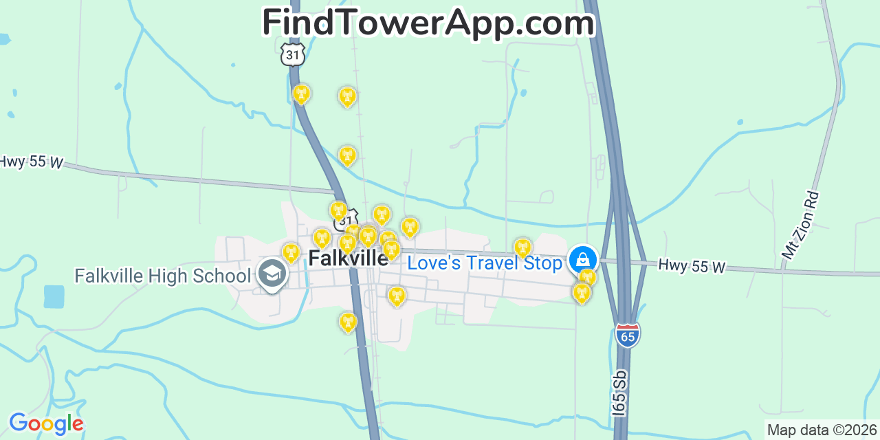 Map showing the 20 primary cell tower locations detected in Falkville, Alabama from AT&T, Verizon, and T-Mobile networks
