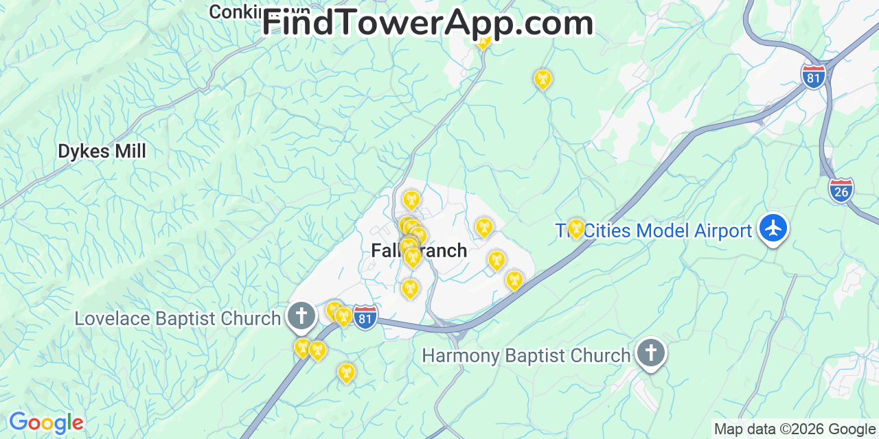 Map showing the 20 primary cell tower locations detected in Fall Branch, Tennessee from AT&T, Verizon, and T-Mobile networks