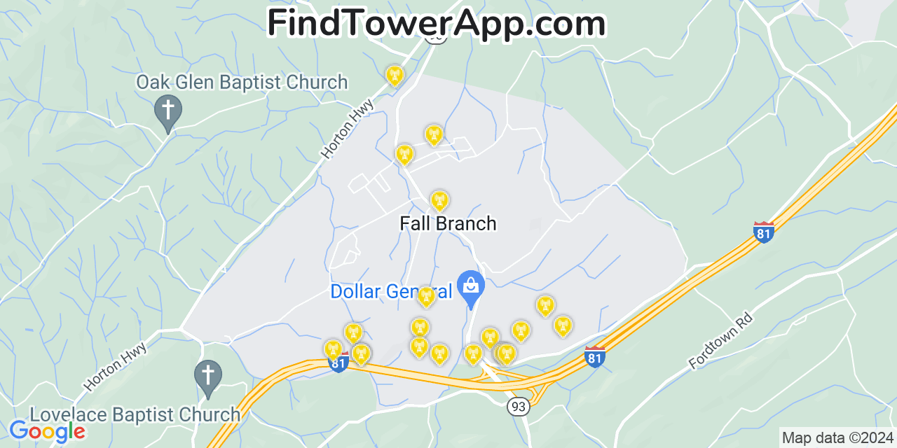 Verizon 4G/5G cell tower coverage map Fall Branch, Tennessee