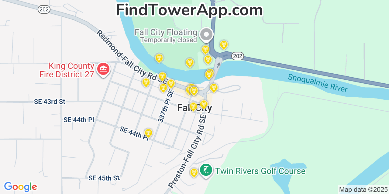 Map showing the 20 primary cell tower locations detected in Fall City, Washington from AT&T, Verizon, and T-Mobile networks