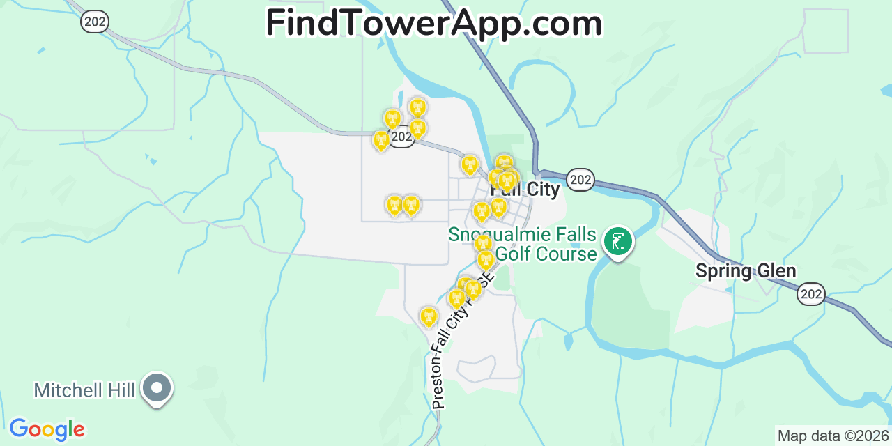 Map showing the 20 primary cell tower locations detected in Fall City, Washington from AT&T, Verizon, and T-Mobile networks
