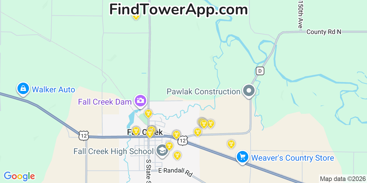 Map showing the 20 primary cell tower locations detected in Fall Creek, Wisconsin from AT&T, Verizon, and T-Mobile networks