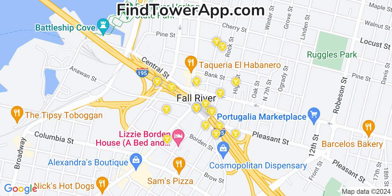 AT&T 4G/5G cell tower coverage map Fall River, Massachusetts