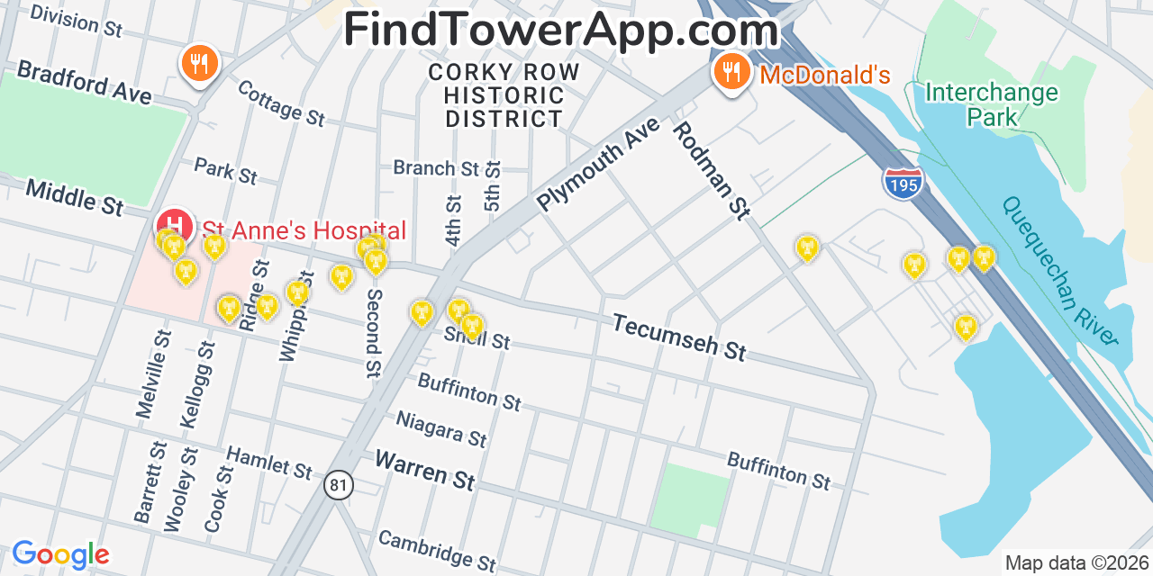 Map showing the 20 primary cell tower locations detected in Fall River, Massachusetts from AT&T, Verizon, and T-Mobile networks