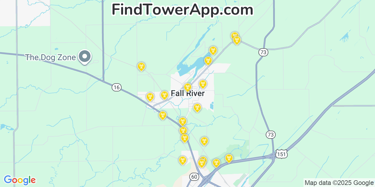 Map showing the 20 primary cell tower locations detected in Fall River, Wisconsin from AT&T, Verizon, and T-Mobile networks