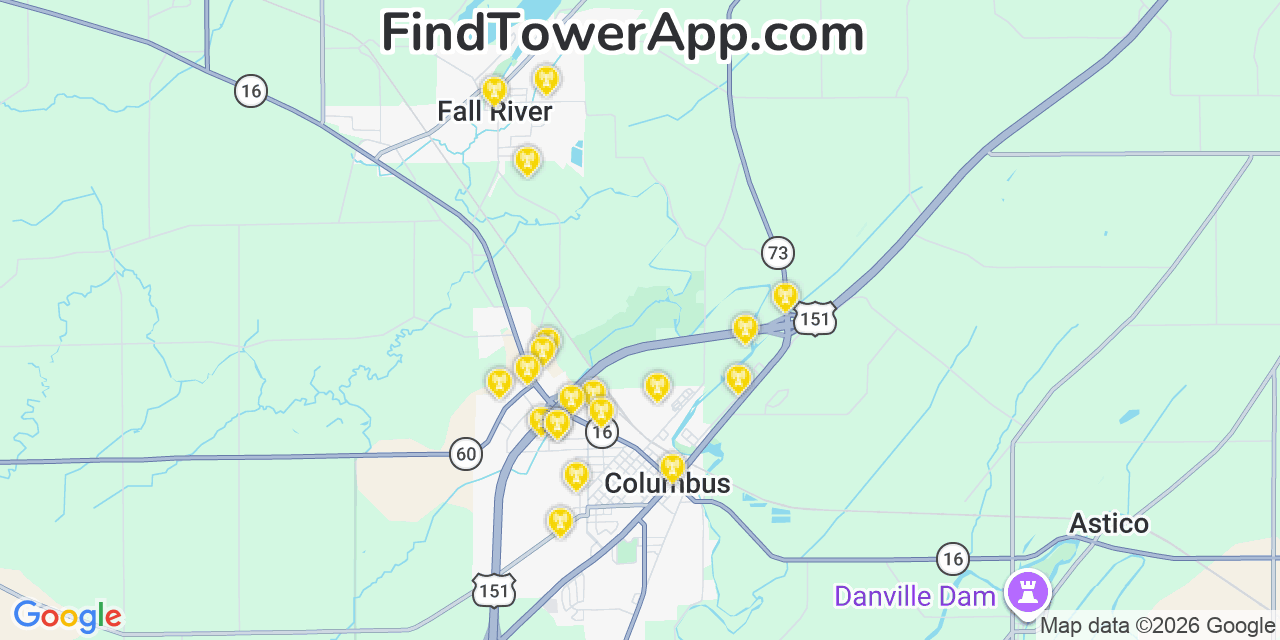 Map showing the 20 primary cell tower locations detected in Fall River, Wisconsin from AT&T, Verizon, and T-Mobile networks
