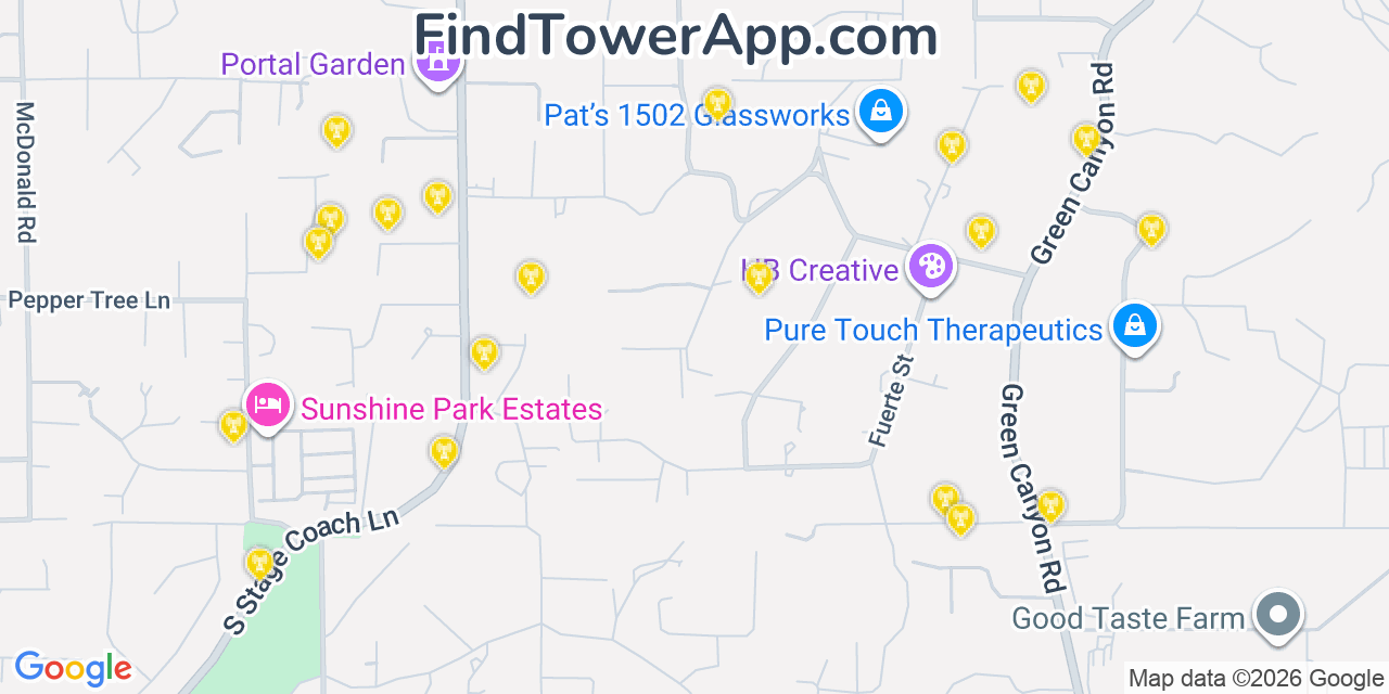 Map showing the 20 primary cell tower locations detected in Fallbrook, California from AT&T, Verizon, and T-Mobile networks