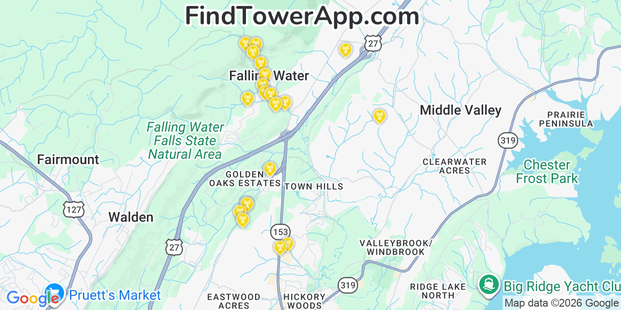 Map showing the 20 primary cell tower locations detected in Falling Water, Tennessee from AT&T, Verizon, and T-Mobile networks