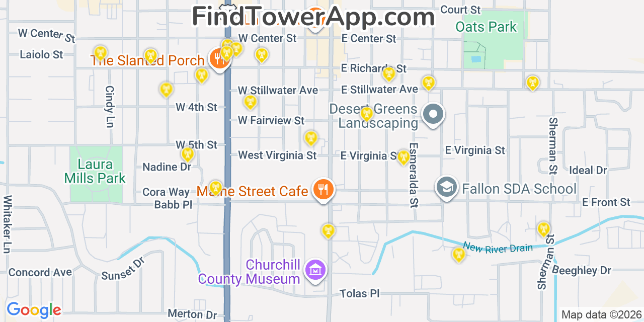 Map showing the 20 primary cell tower locations detected in Fallon, Nevada from AT&T, Verizon, and T-Mobile networks