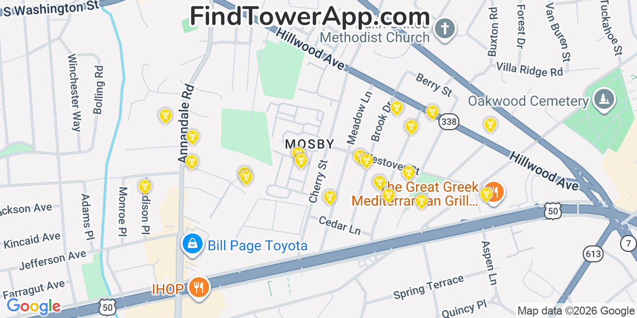 Map showing the 20 primary cell tower locations detected in Falls Church, Virginia from AT&T, Verizon, and T-Mobile networks