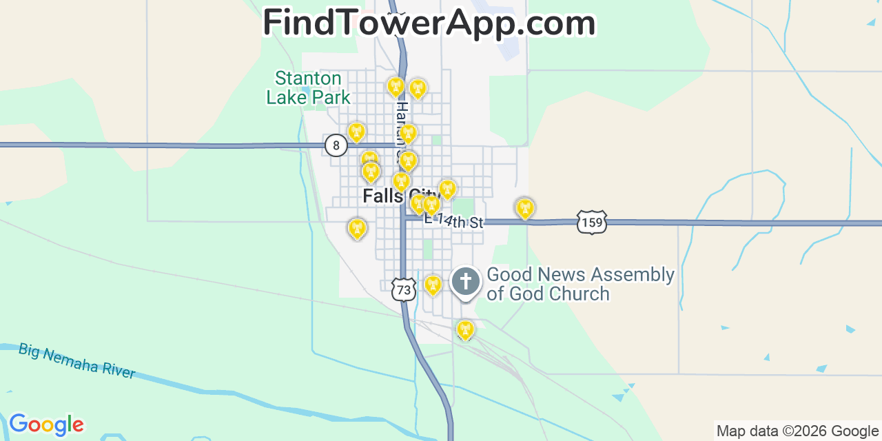 Map showing the 20 primary cell tower locations detected in Falls City, Nebraska from AT&T, Verizon, and T-Mobile networks