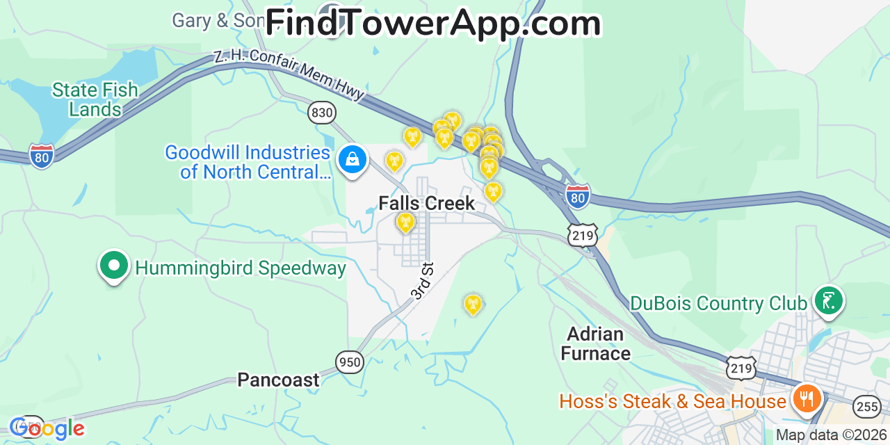 Map showing the 20 primary cell tower locations detected in Falls Creek, Pennsylvania from AT&T, Verizon, and T-Mobile networks