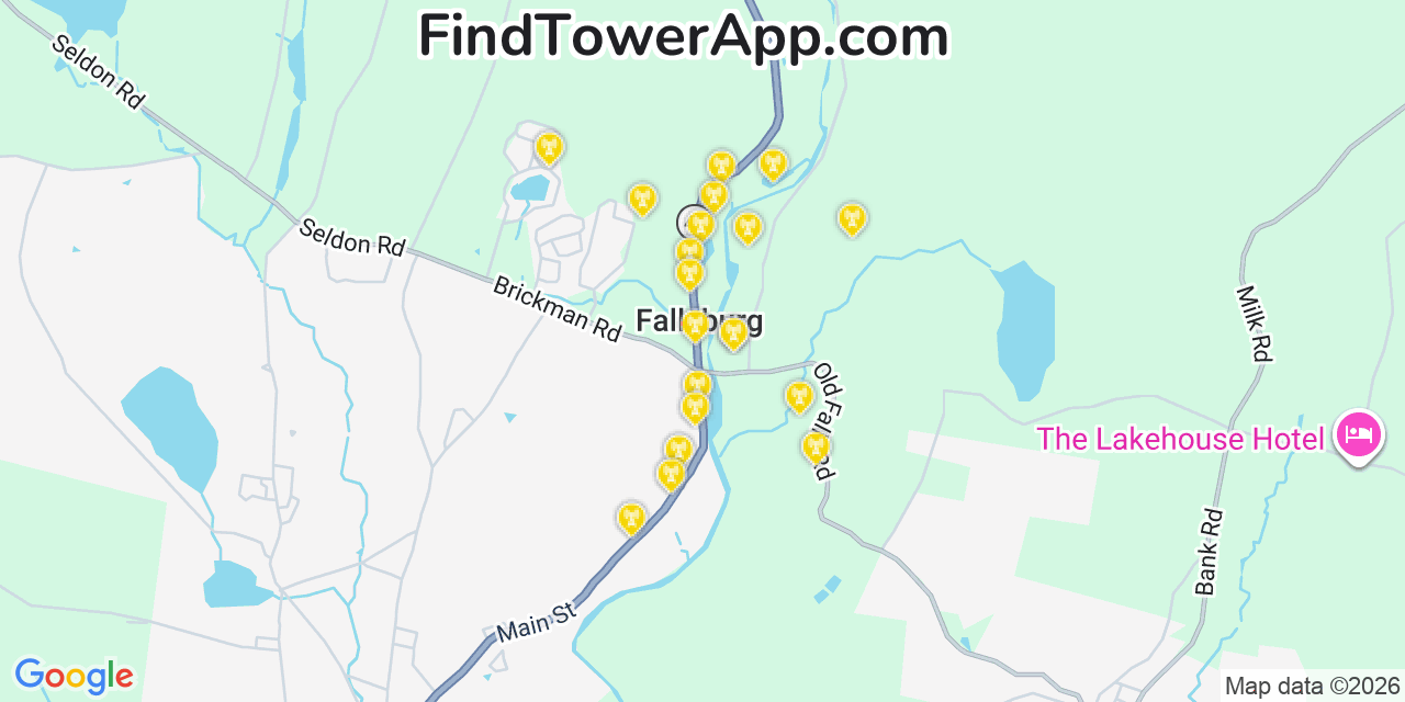 Map showing the 20 primary cell tower locations detected in Fallsburg, New York from AT&T, Verizon, and T-Mobile networks