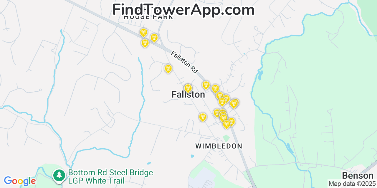 Map showing the 20 primary cell tower locations detected in Fallston, Maryland from AT&T, Verizon, and T-Mobile networks