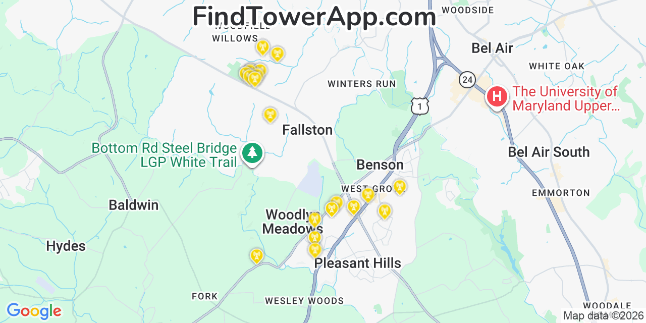 Map showing the 20 primary cell tower locations detected in Fallston, Maryland from AT&T, Verizon, and T-Mobile networks