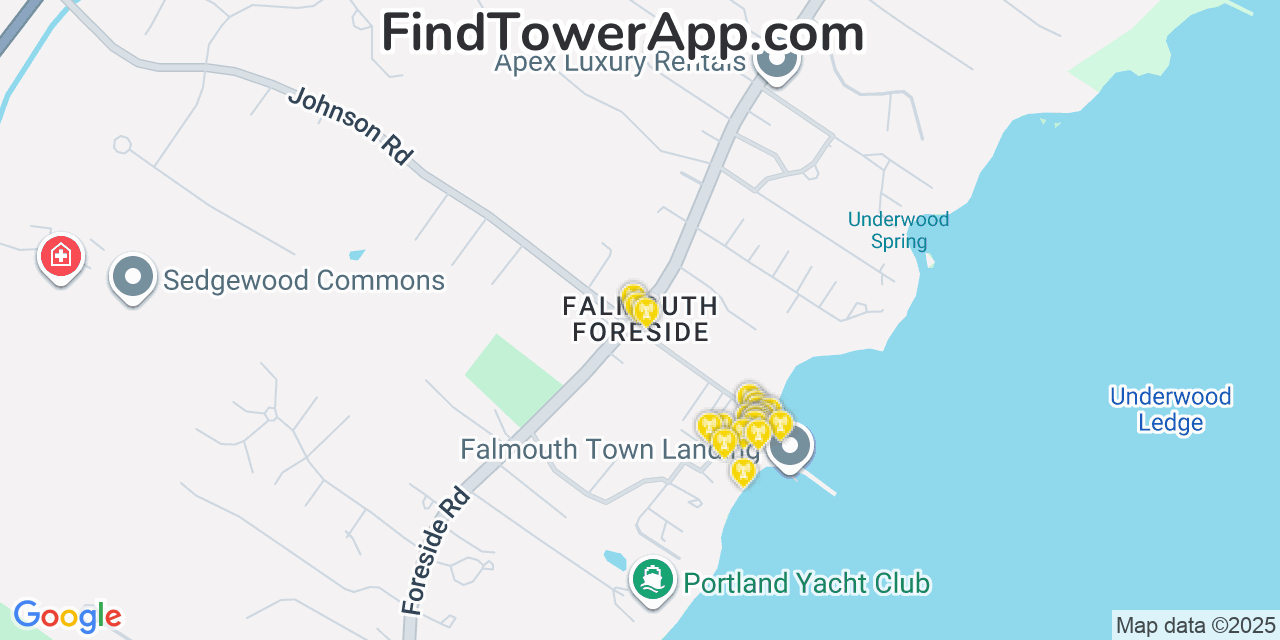 Map showing the 20 primary cell tower locations detected in Falmouth Foreside, Maine from AT&T, Verizon, and T-Mobile networks