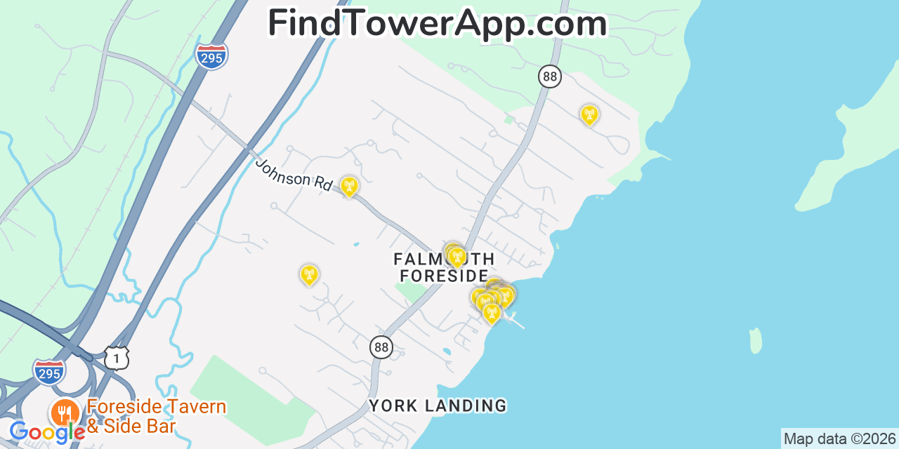 Map showing the 20 primary cell tower locations detected in Falmouth Foreside, Maine from AT&T, Verizon, and T-Mobile networks