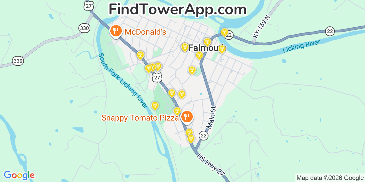 Map showing the 20 primary cell tower locations detected in Falmouth, Kentucky from AT&T, Verizon, and T-Mobile networks