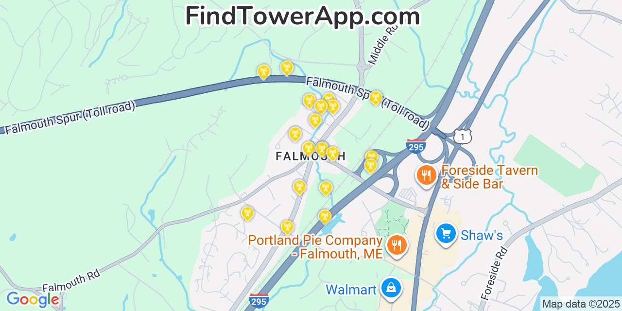 Map showing the 20 primary cell tower locations detected in Falmouth, Maine from AT&T, Verizon, and T-Mobile networks