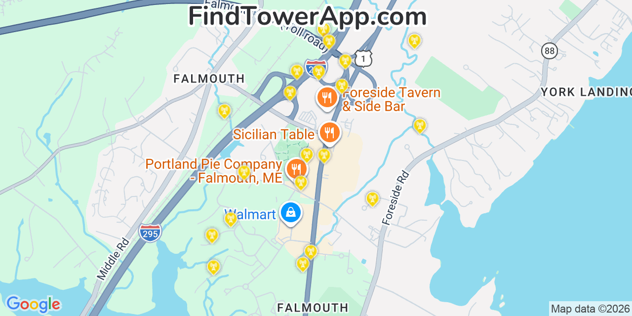 Map showing the 20 primary cell tower locations detected in Falmouth, Maine from AT&T, Verizon, and T-Mobile networks