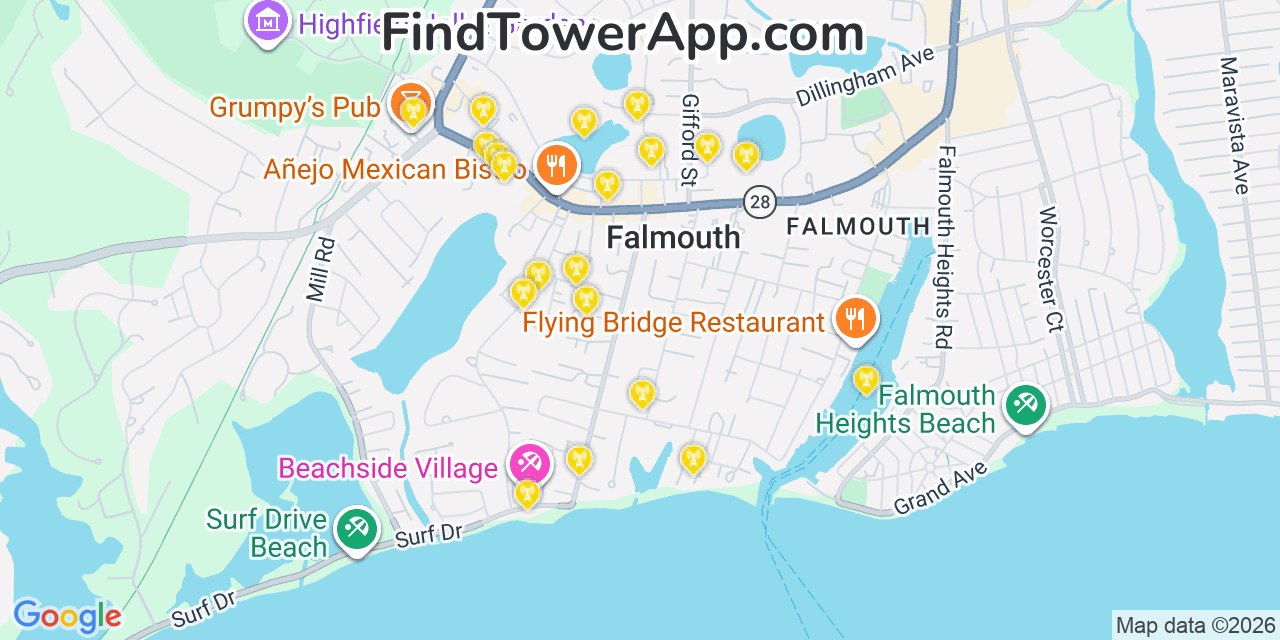 Map showing the 20 primary cell tower locations detected in Falmouth, Massachusetts from AT&T, Verizon, and T-Mobile networks