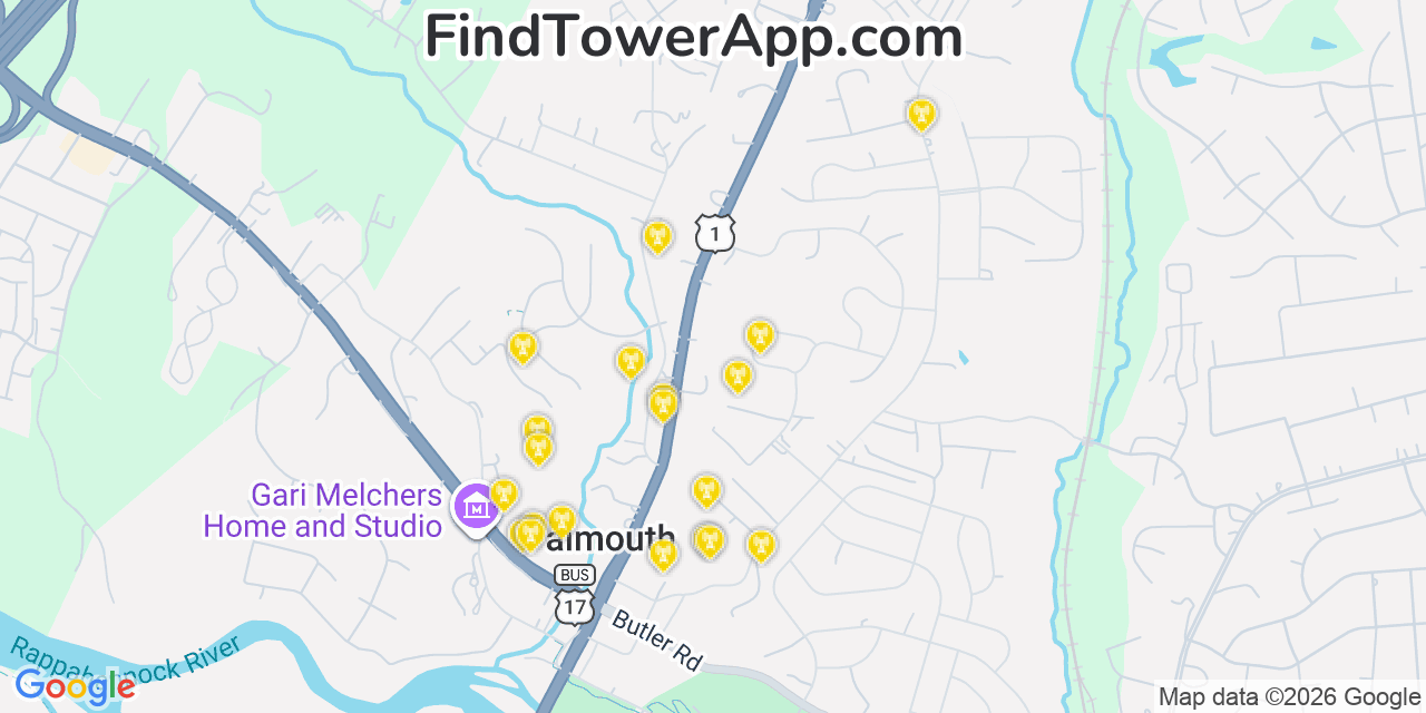 Map showing the 20 primary cell tower locations detected in Falmouth, Virginia from AT&T, Verizon, and T-Mobile networks