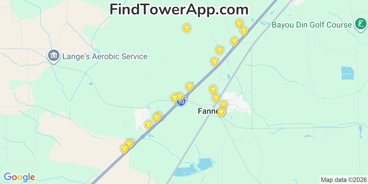 Map showing the 20 primary cell tower locations detected in Fannett, Texas from AT&T, Verizon, and T-Mobile networks