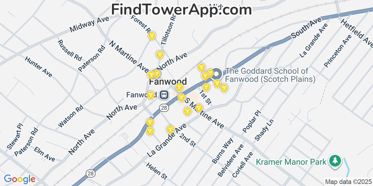 Map showing the 20 primary cell tower locations detected in Fanwood, New Jersey from AT&T, Verizon, and T-Mobile networks