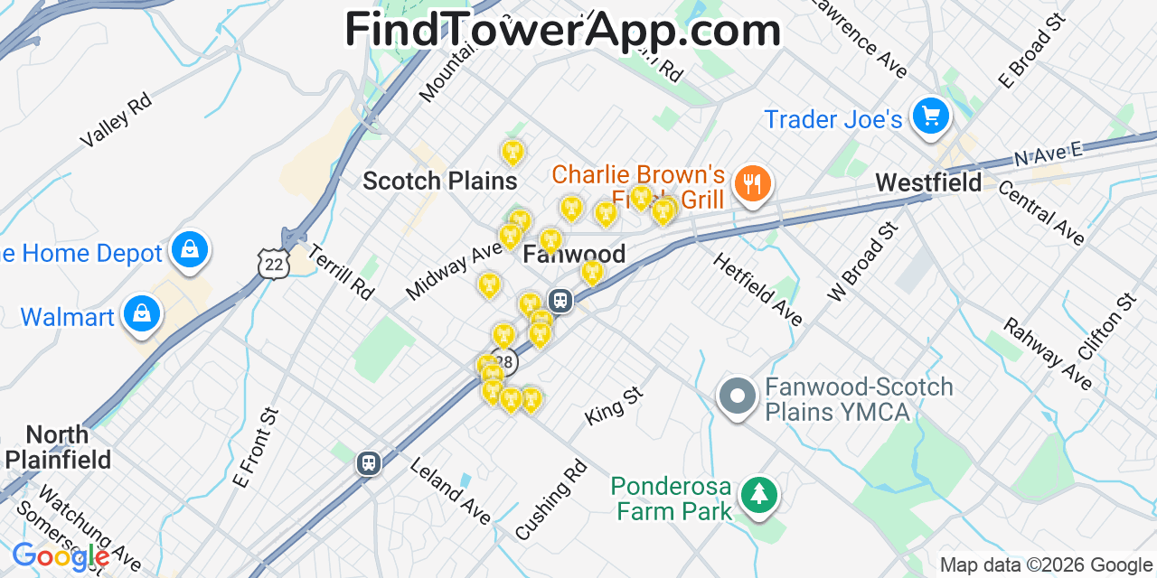 Map showing the 20 primary cell tower locations detected in Fanwood, New Jersey from AT&T, Verizon, and T-Mobile networks