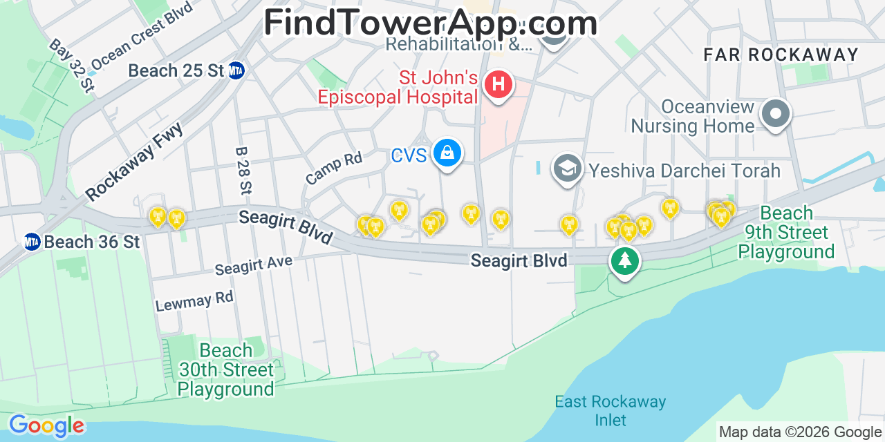Map showing the 20 primary cell tower locations detected in Far Rockaway, New York from AT&T, Verizon, and T-Mobile networks