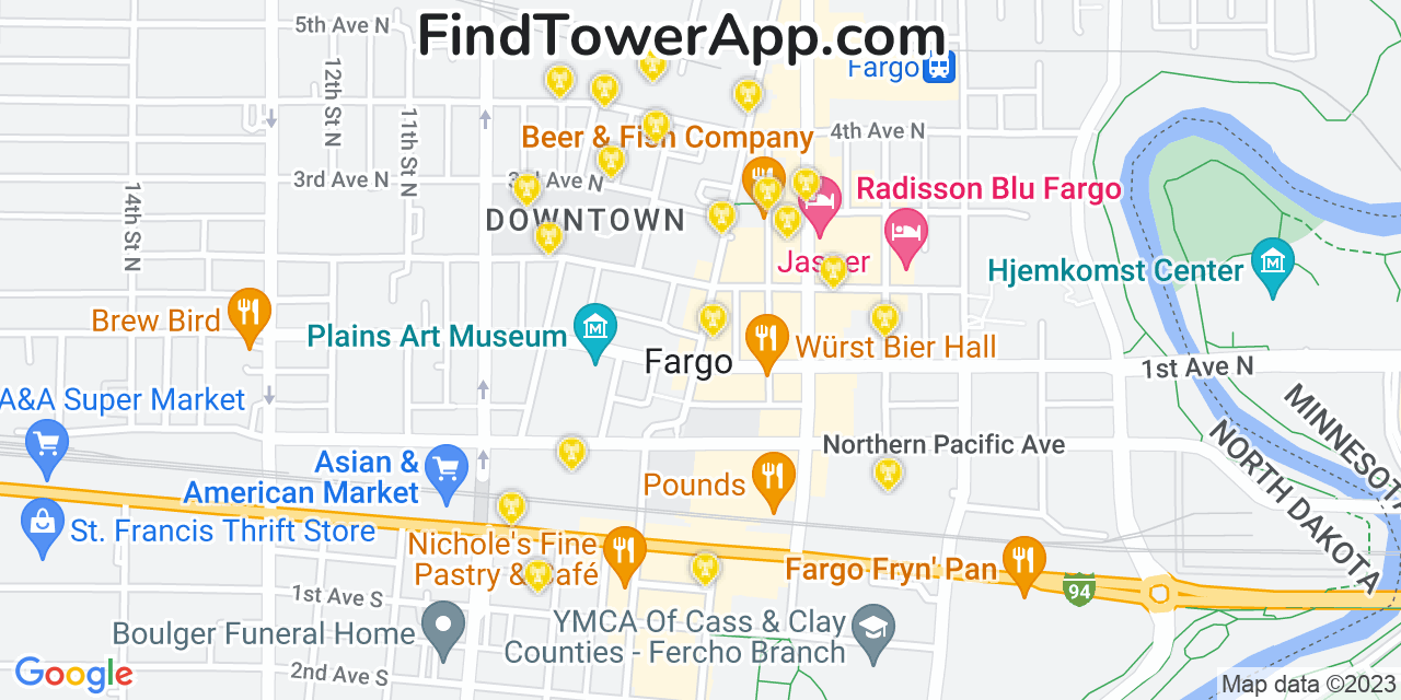 AT&T 4G/5G cell tower coverage map Fargo, North Dakota