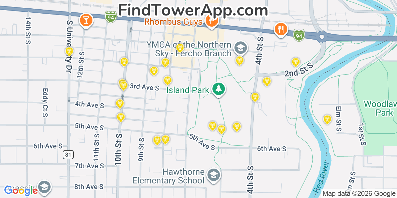 Map showing the 20 primary cell tower locations detected in Fargo, North Dakota from AT&T, Verizon, and T-Mobile networks