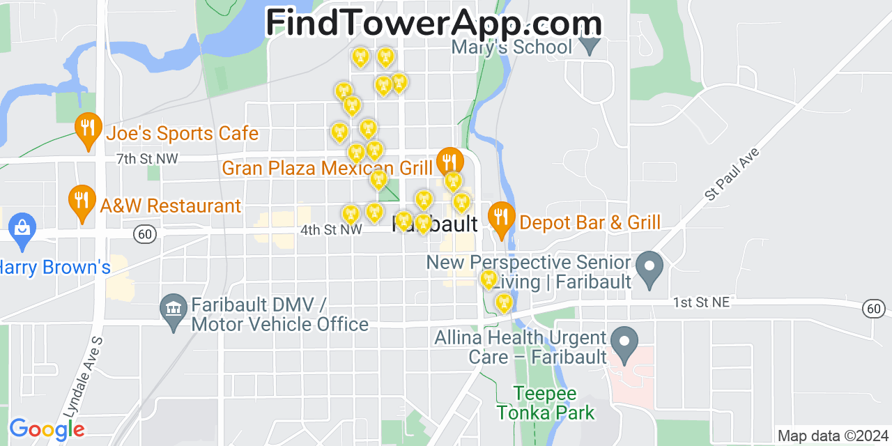 AT&T 4G/5G cell tower coverage map Faribault, Minnesota