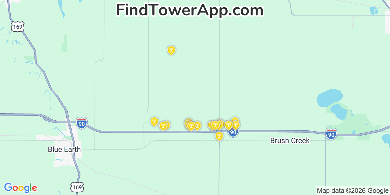 Map showing the 20 primary cell tower locations detected in Faribault, Minnesota from AT&T, Verizon, and T-Mobile networks
