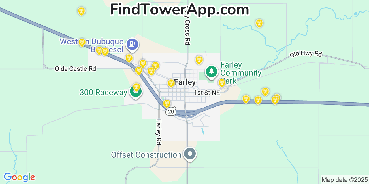Map showing the 20 primary cell tower locations detected in Farley, Iowa from AT&T, Verizon, and T-Mobile networks
